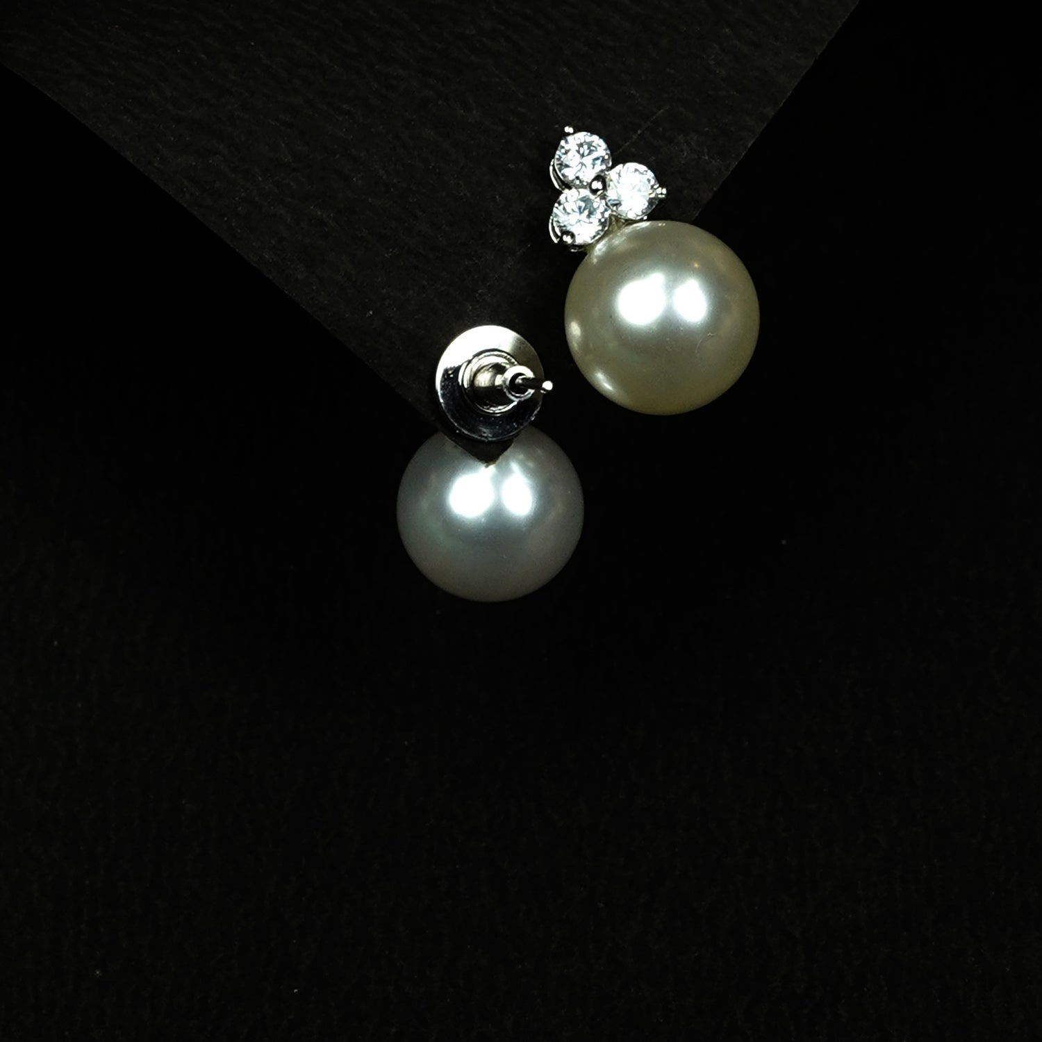 Zevar Club Rhodium-Plated Handcrafted Cubic Zirconia & Pearl Drop Earrings with Leaf Design