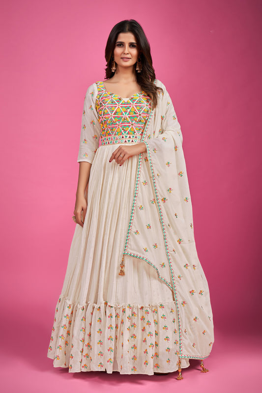 White Chinnon Silk Thread Embroidery Party Wear Anarkali