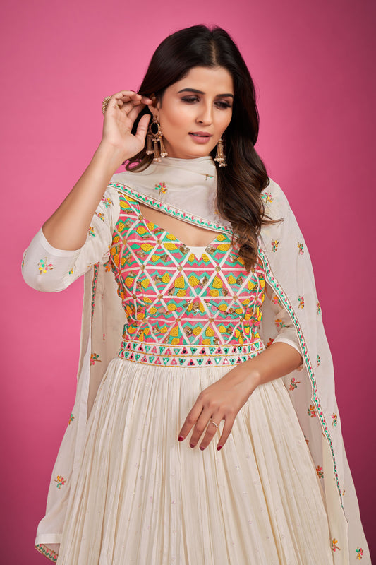 White Chinnon Silk Thread Embroidery Party Wear Anarkali