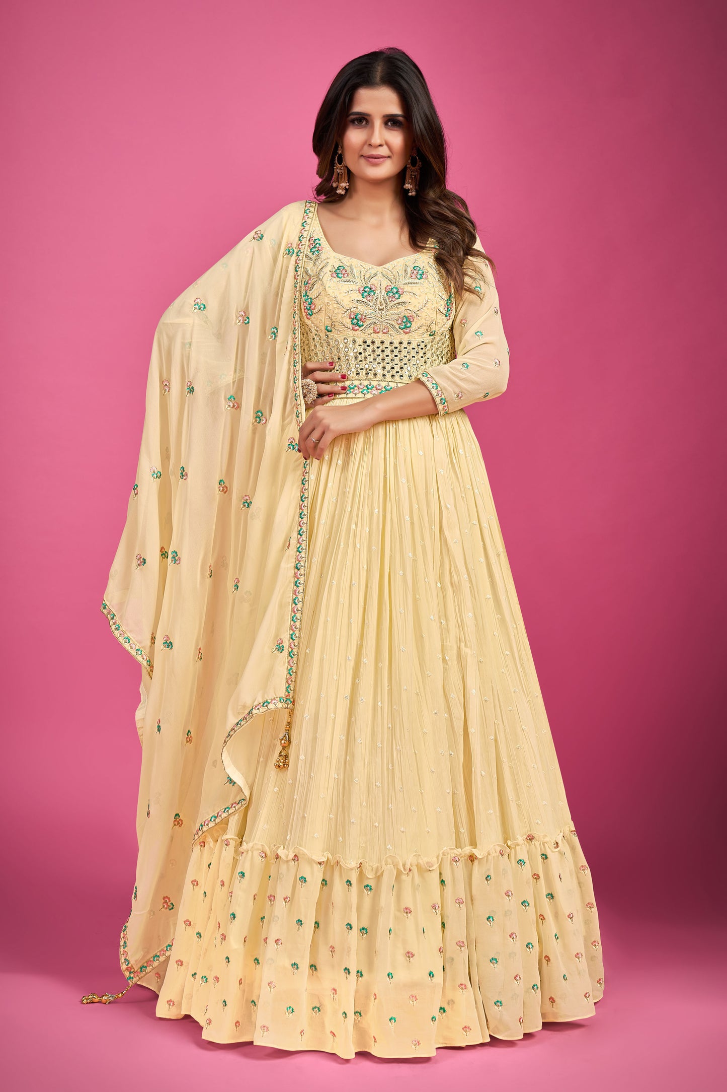 Yellow Thread Embroidery Georgette Party Wear Anarkali