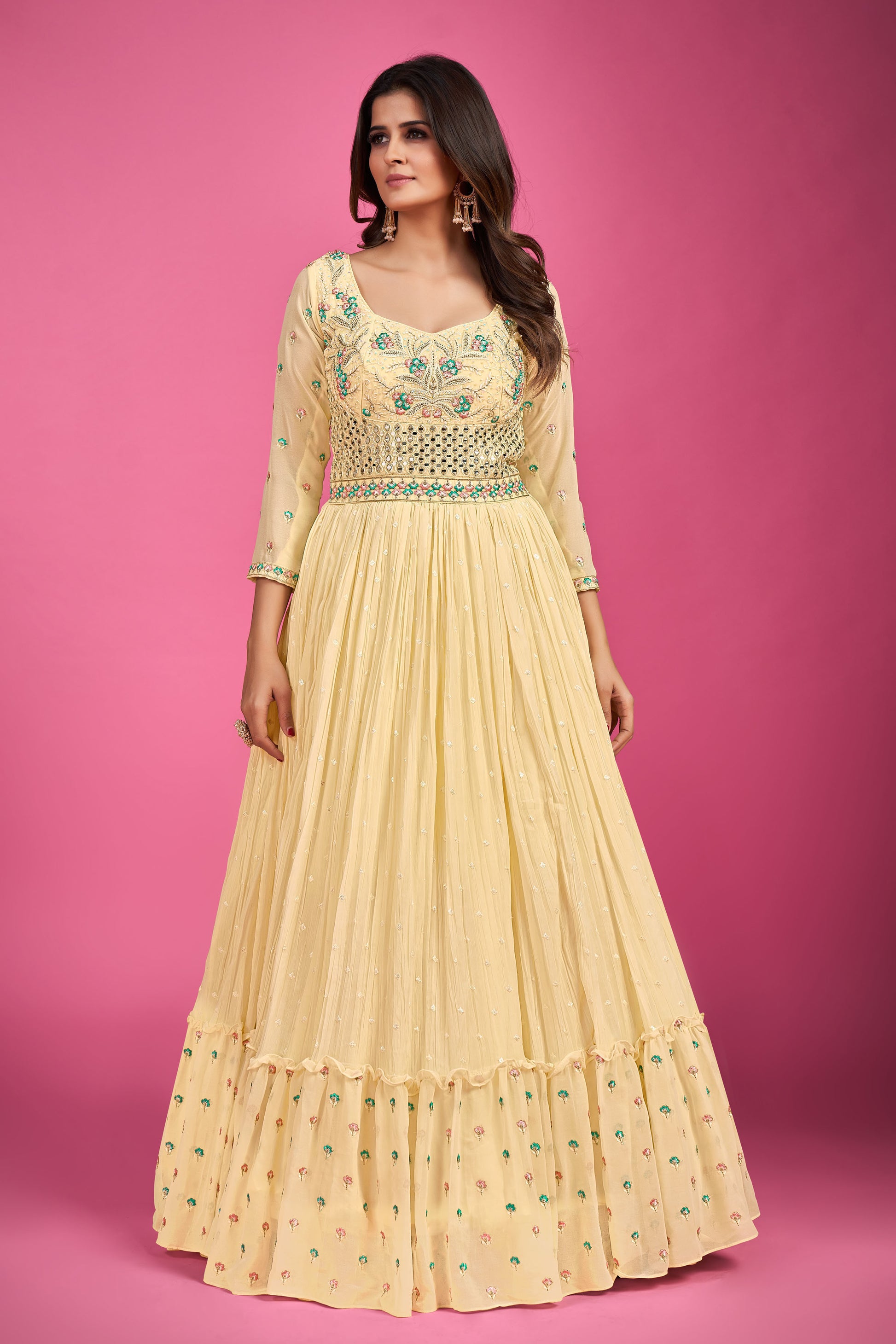 Yellow Thread Embroidery Georgette Party Wear Anarkali