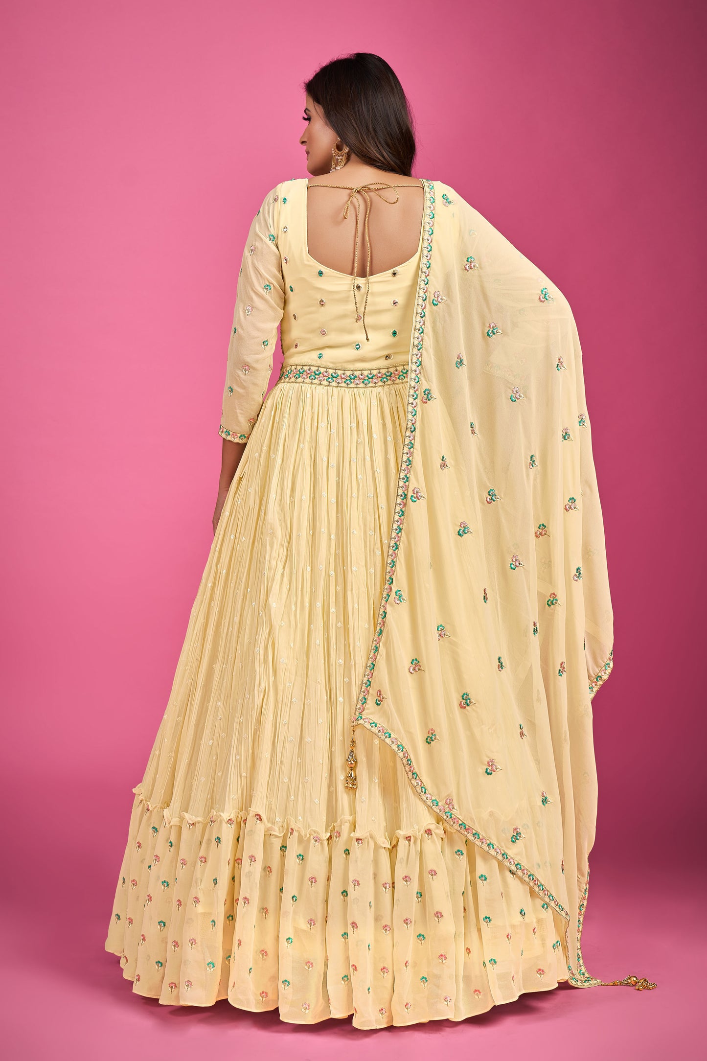 Yellow Thread Embroidery Georgette Party Wear GownYellow Thread Embroidery Georgette Party Wear Gown