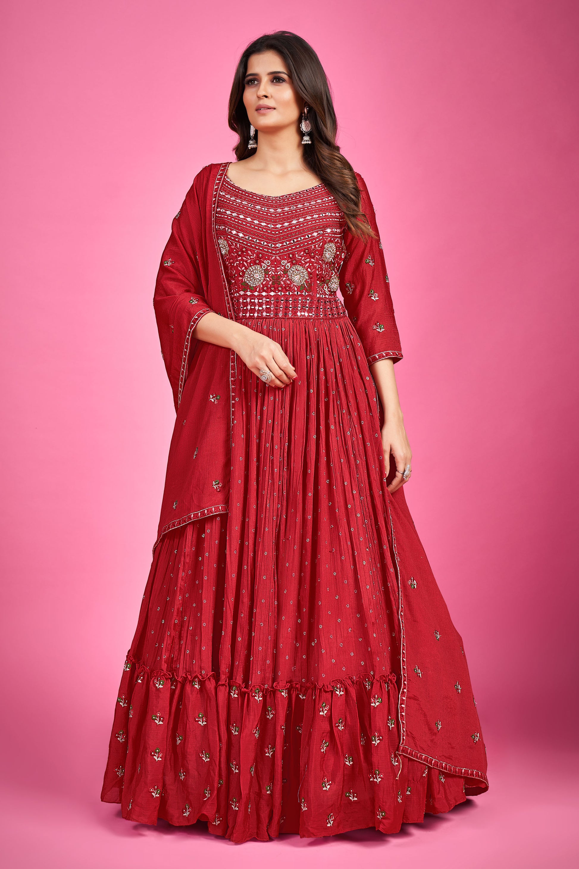 Red Thread Embroidery Chinnon Silk Party Wear Anarkali