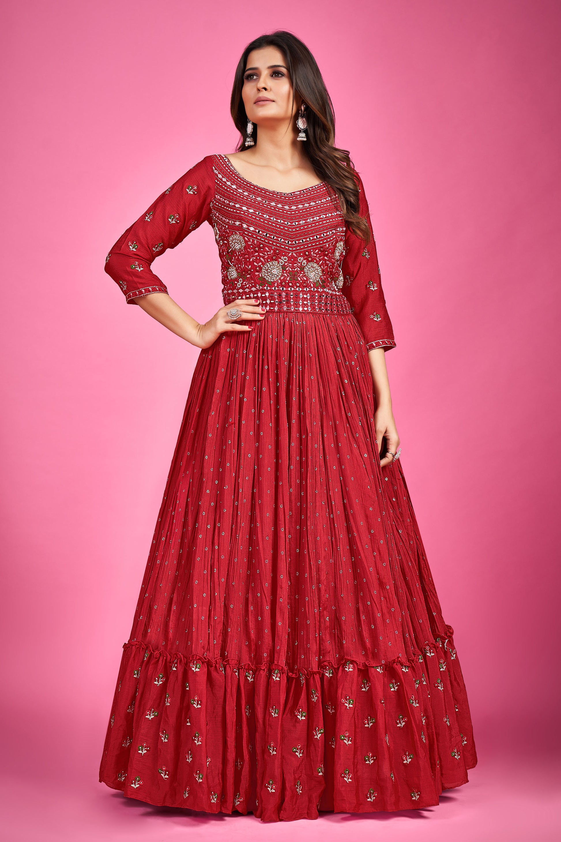 Red Thread Embroidery Chinnon Silk Party Wear Anarkali