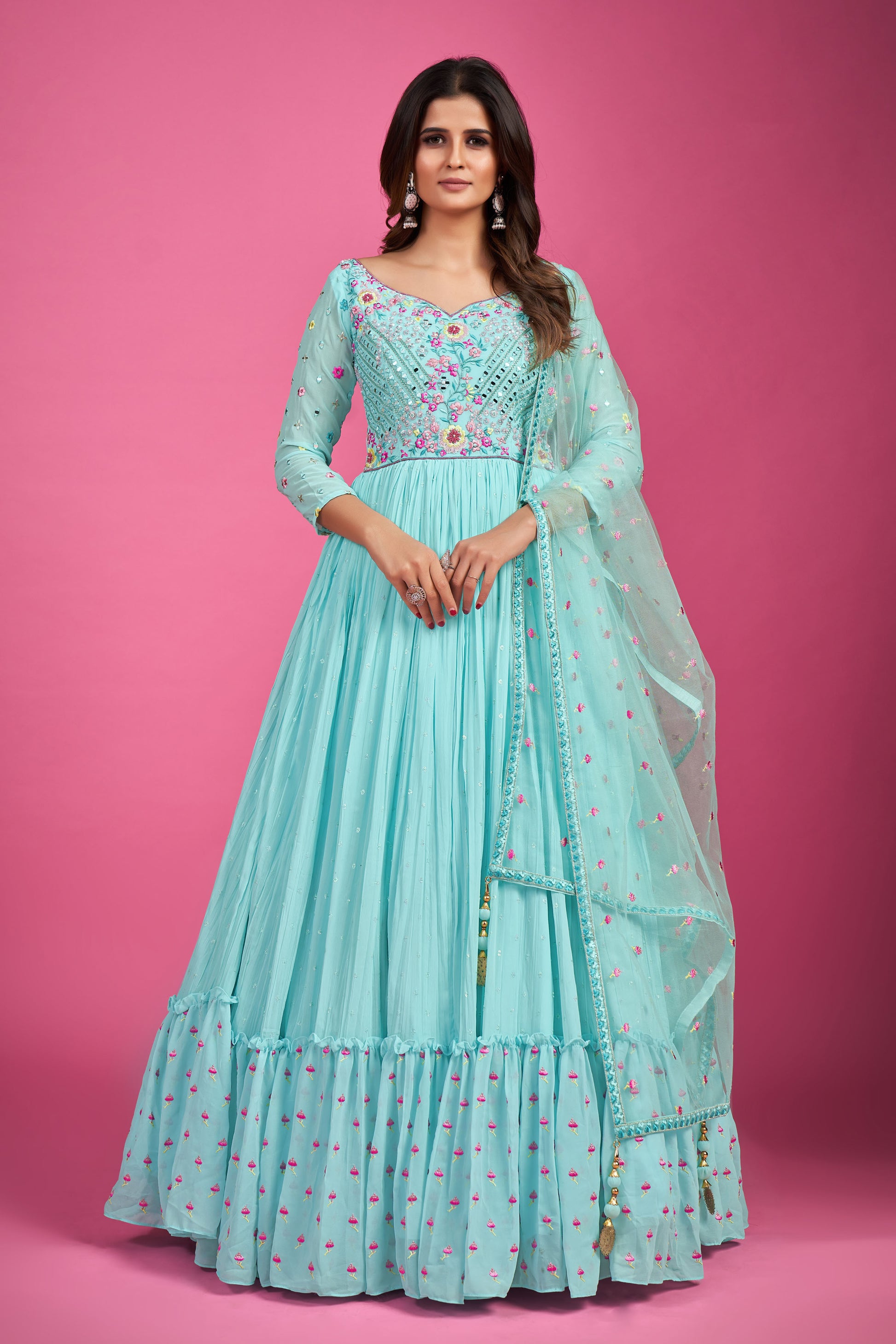Blue Chinnon Silk Thread Embroidery Party Wear Anarkali