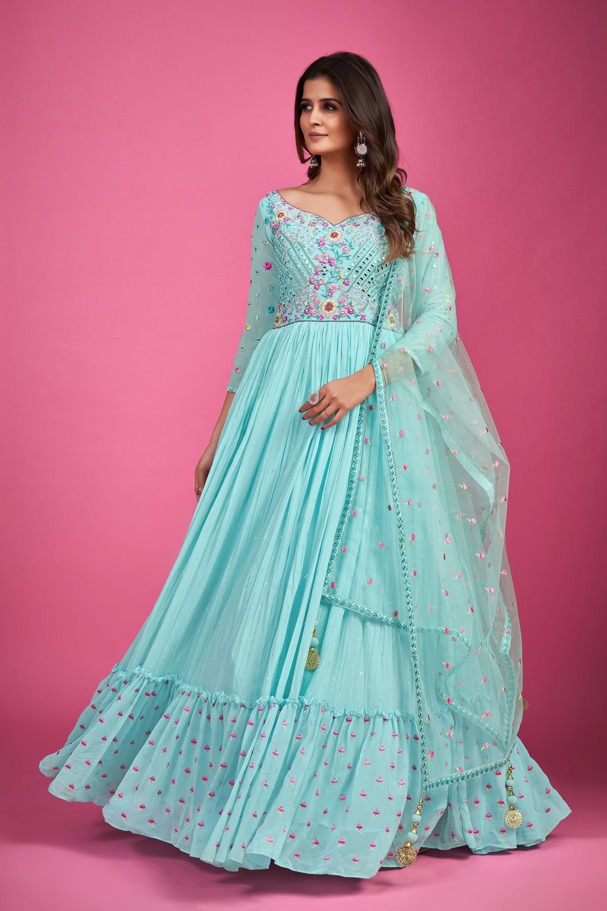 Blue Chinnon Silk Thread Embroidery Party Wear Anarkali