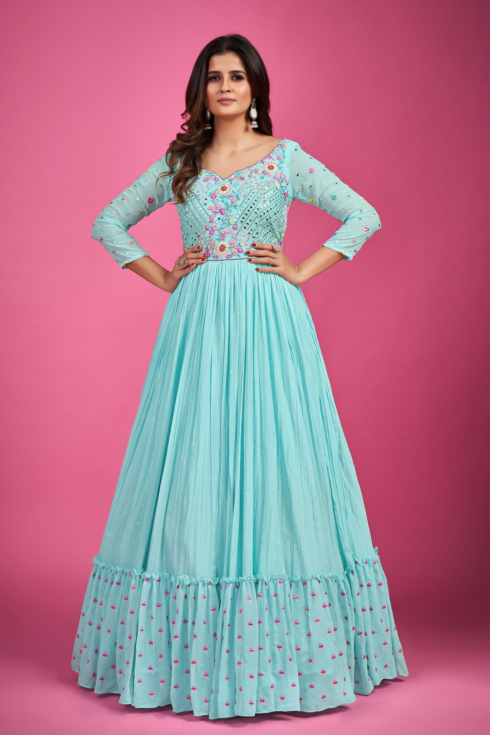 Blue Chinnon Silk Thread Embroidery Party Wear Anarkali