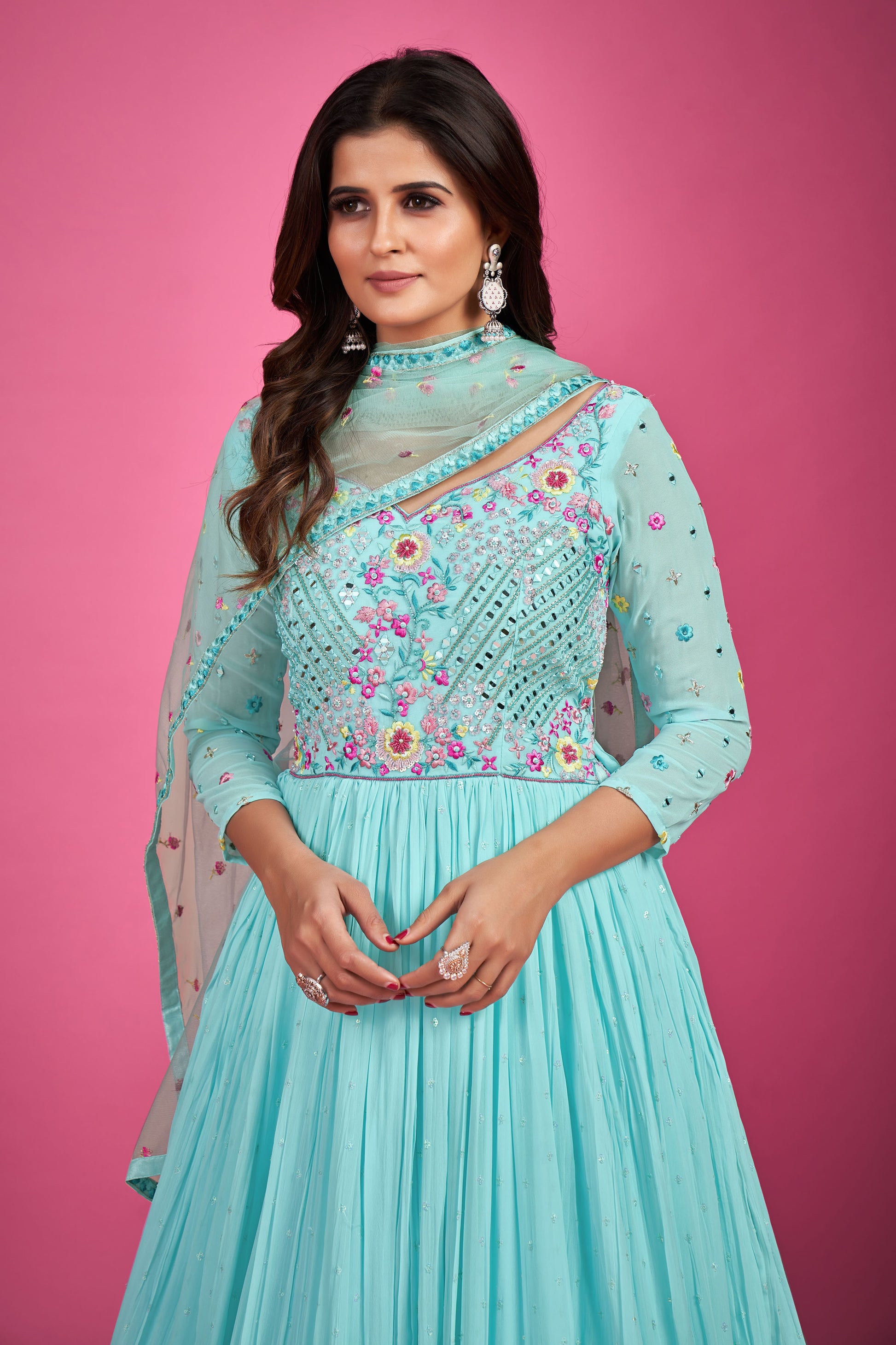 Blue Chinnon Silk Thread Embroidery Party Wear Anarkali