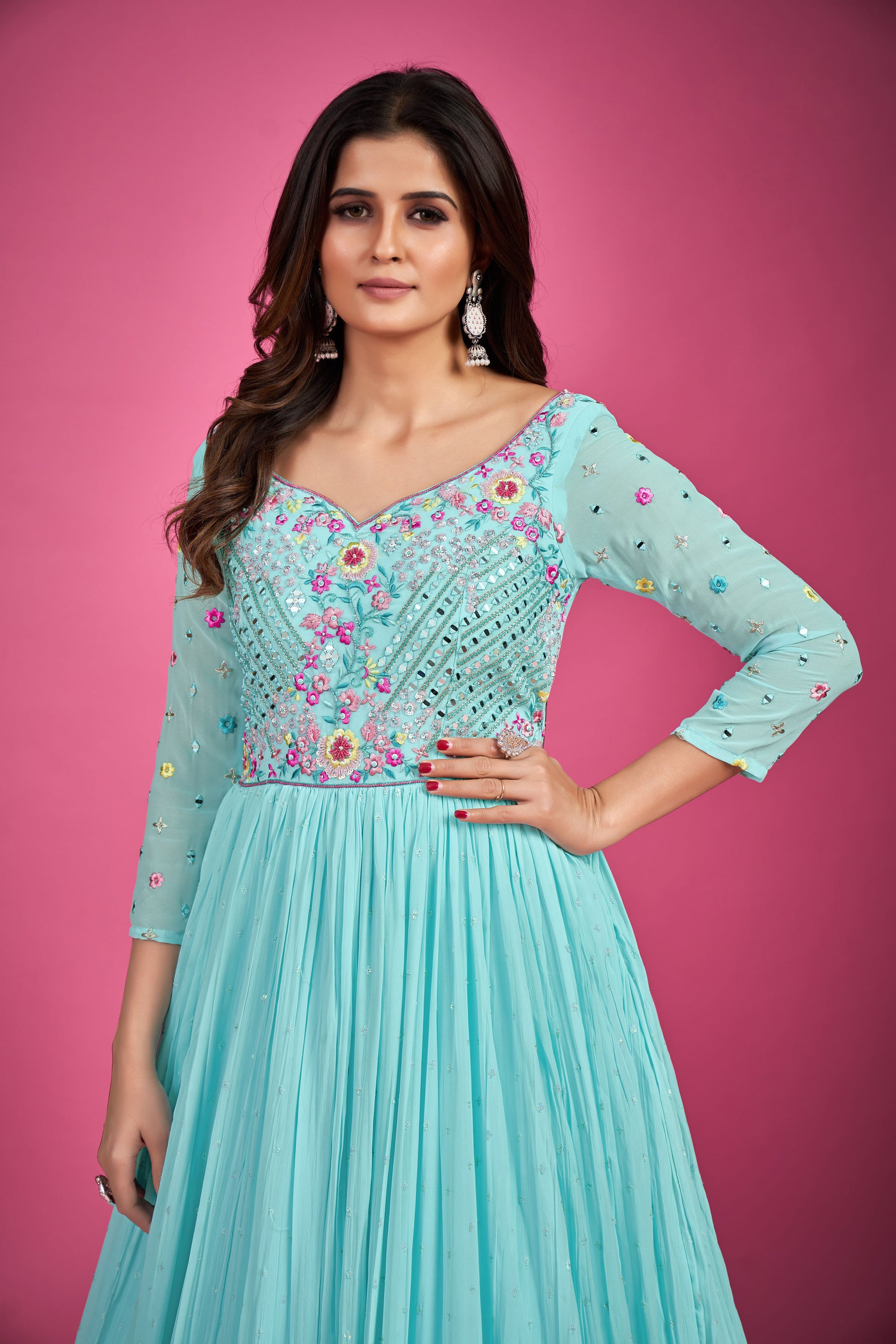 Blue Chinnon Silk Thread Embroidery Party Wear Anarkali