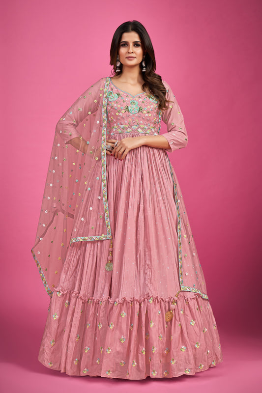 Baby Pink Thread Embroidery Chinnon Silk Party Wear Anarkali