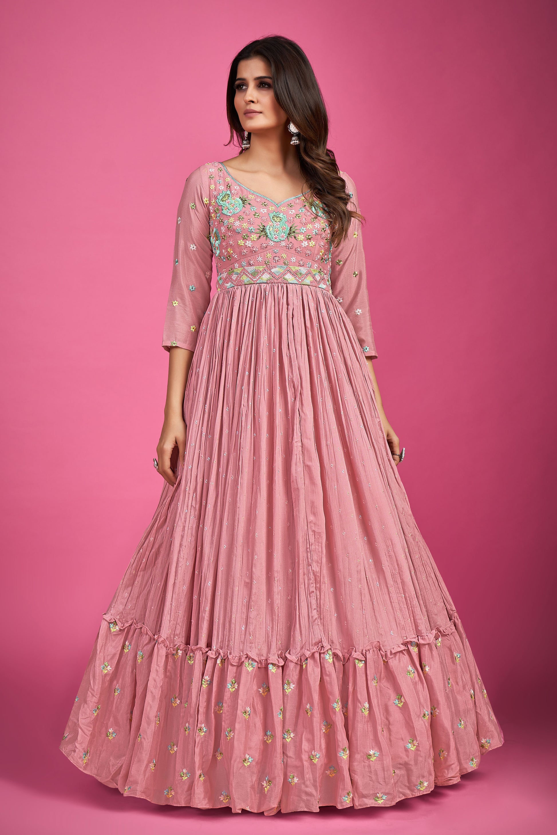 Baby Pink Thread Embroidery Chinnon Silk Party Wear Anarkali
