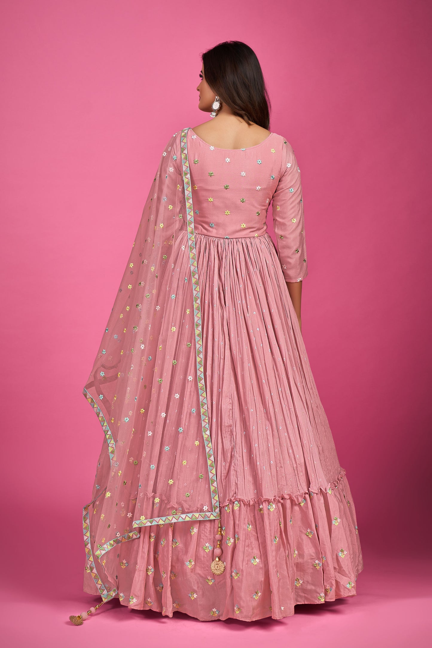 Baby Pink Thread Embroidery Chinnon Silk Party Wear Anarkali