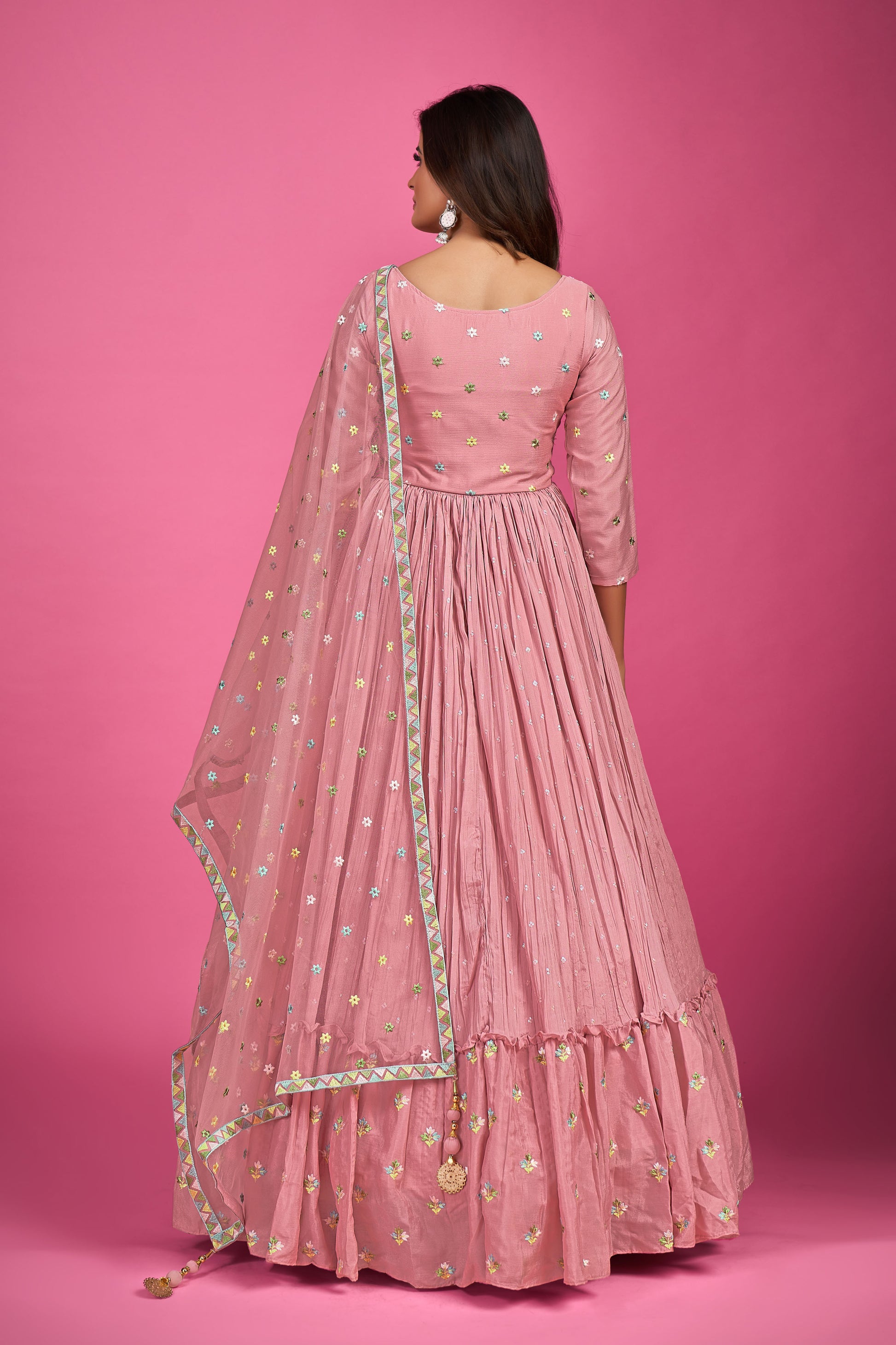 Baby Pink Thread Embroidery Chinnon Silk Party Wear Anarkali