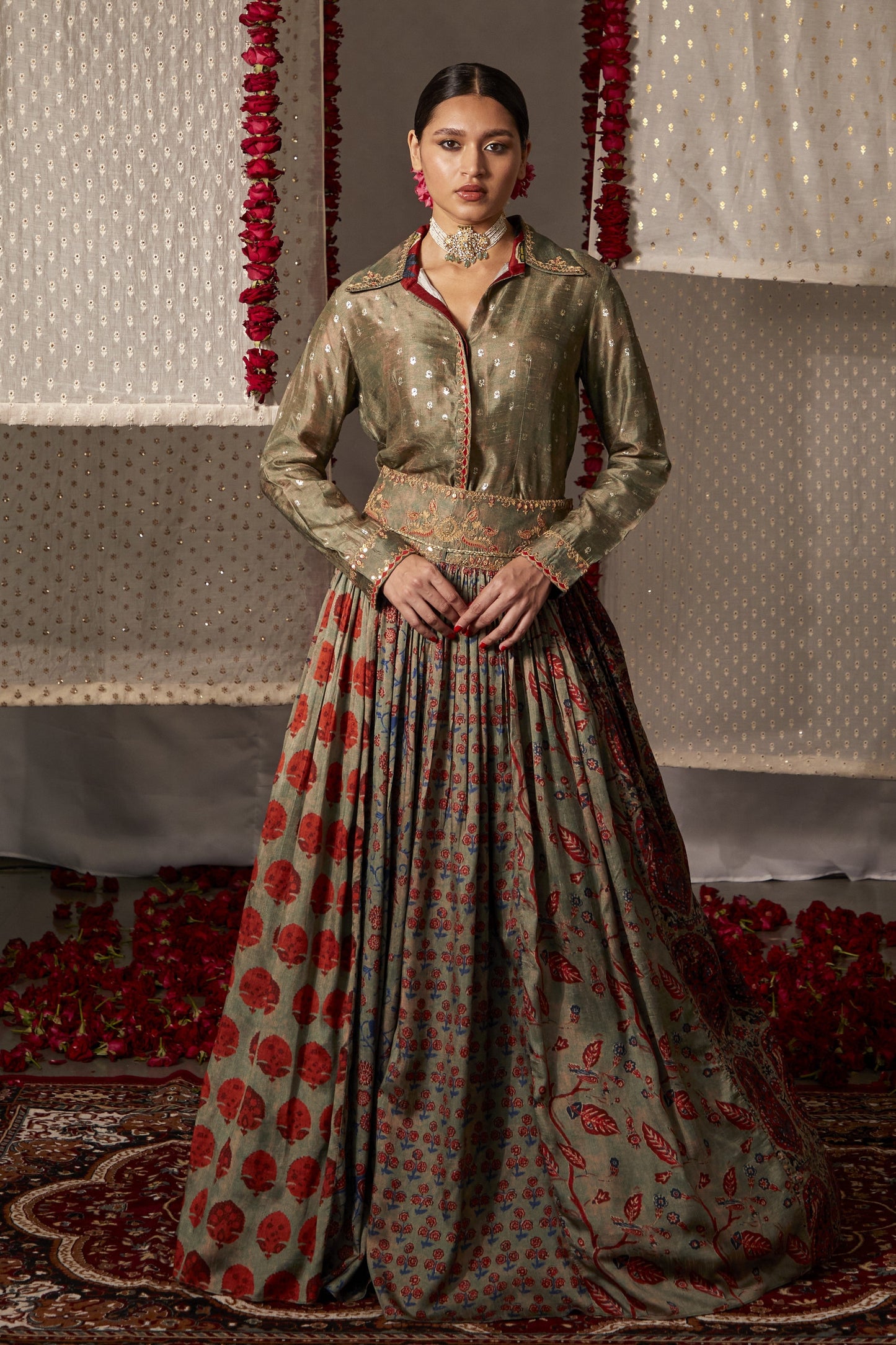 Olive green soft silk Indo-western  Set