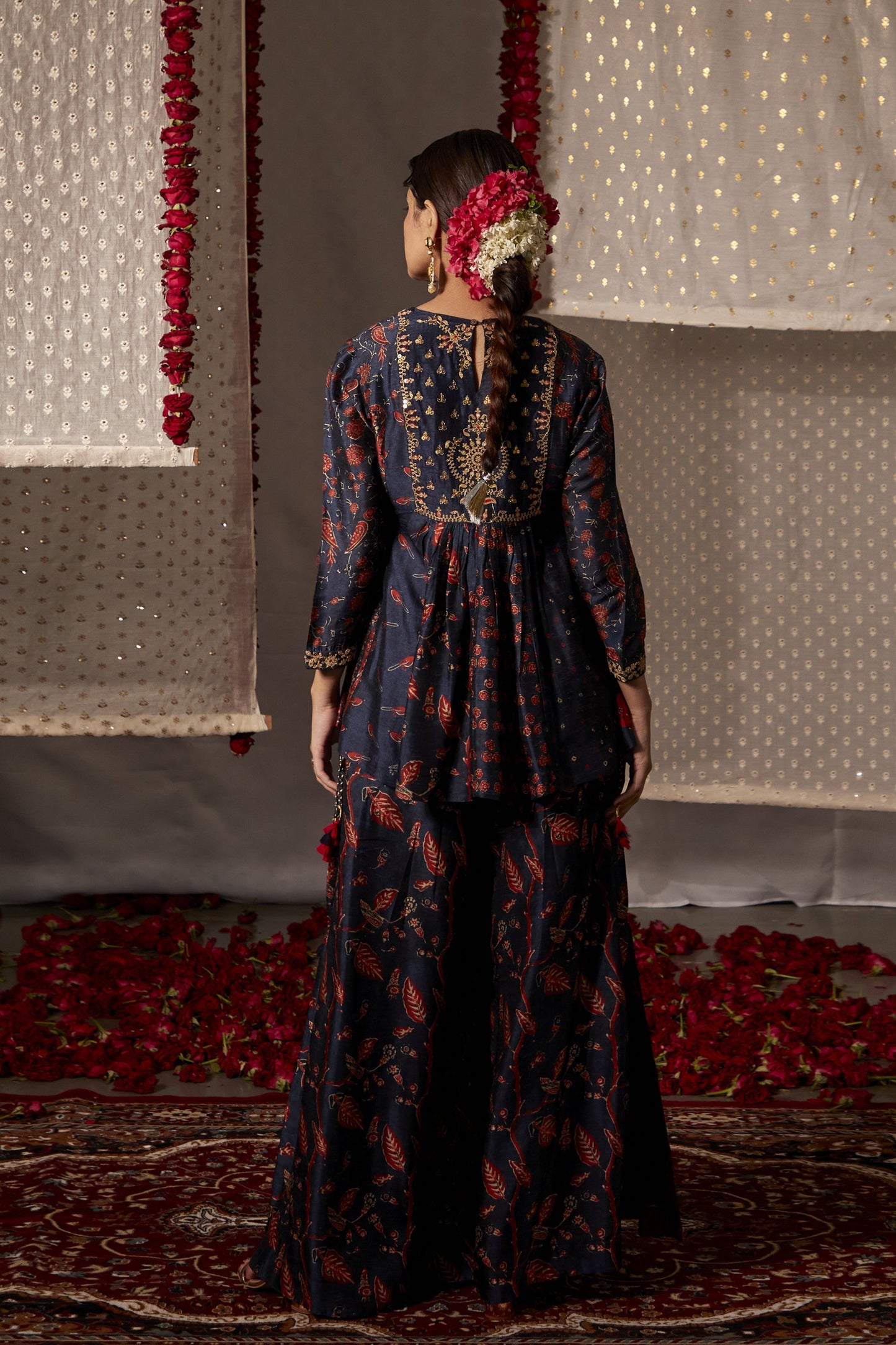 Blue Slub Silk Printed Floral Round Peplum Kurta And Palazzo Set