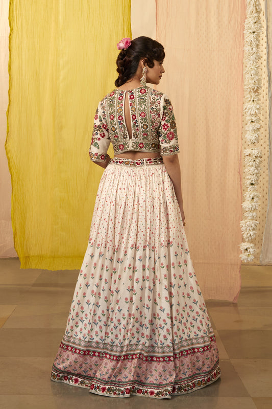 Ivory Slub Silk Printed And Embroidered Floral Round Lehenga Set
