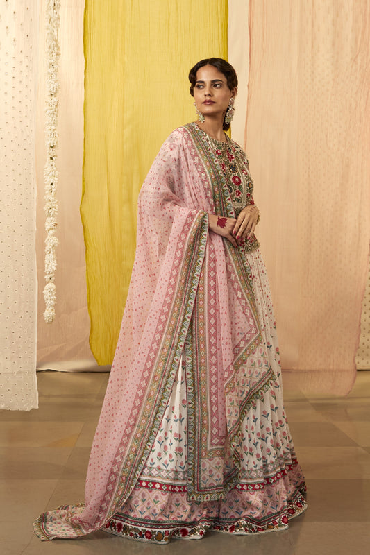 Ivory Slub Silk Printed And Embroidered Floral Round Lehenga Set