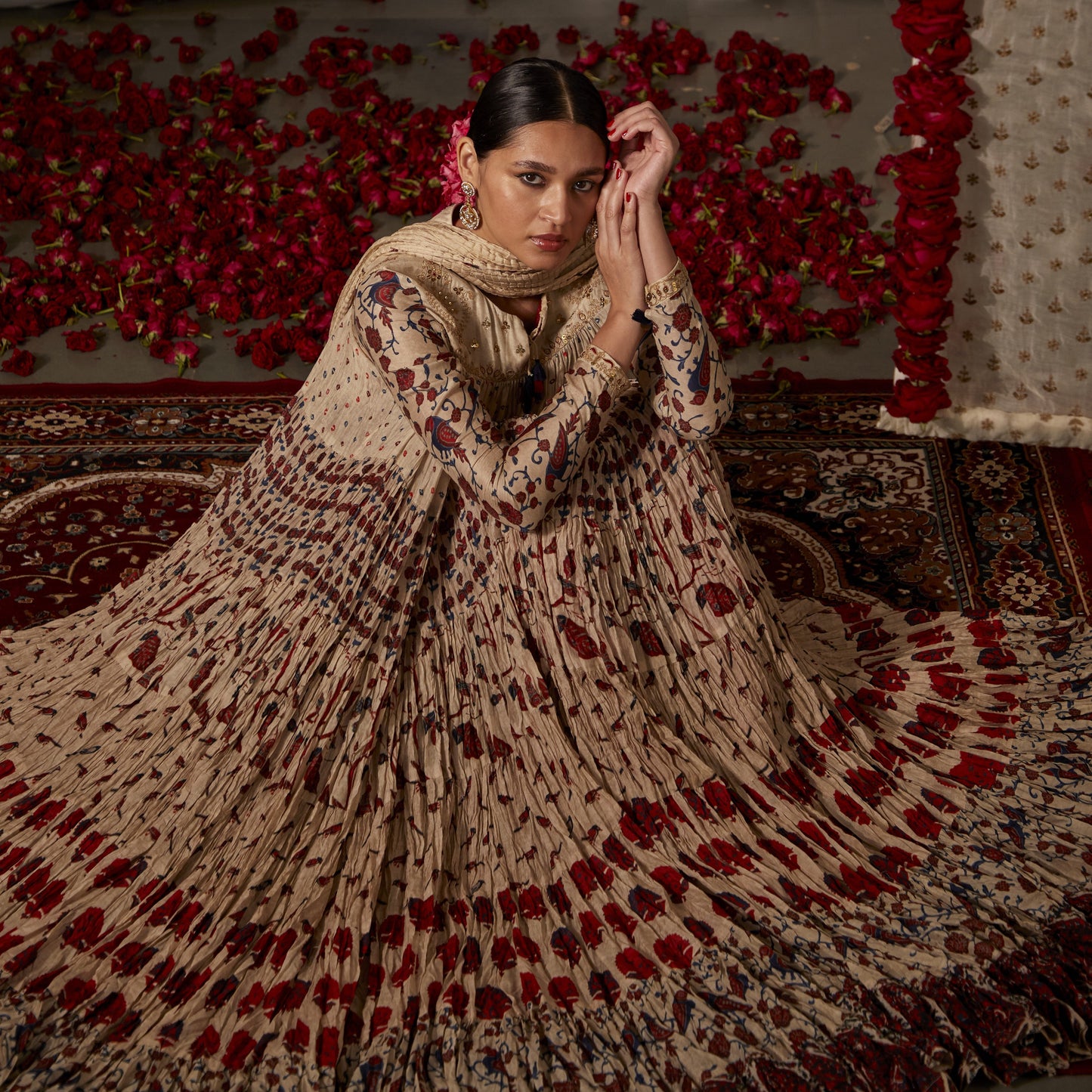 Beige Modal Silk Printed Floral V Neck Flower Kurta Set