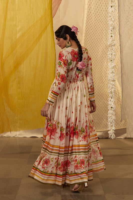 Ivory Modal Silk Printed Floral Round Anarkali Palazzo Set