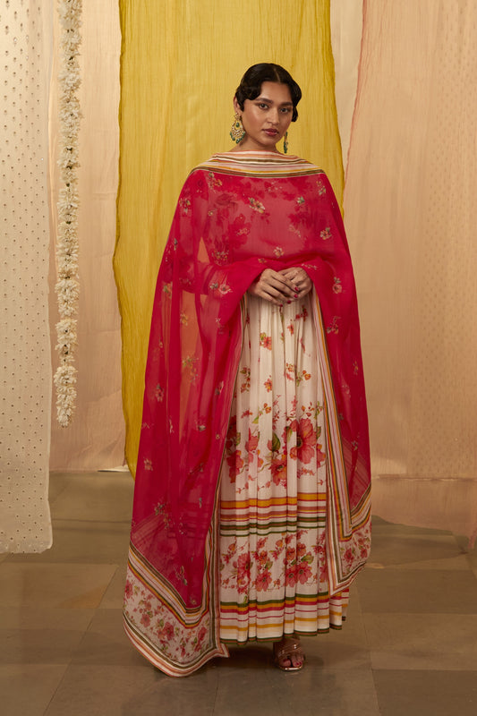 Ivory Modal Silk Printed Floral Round Anarkali Palazzo Set