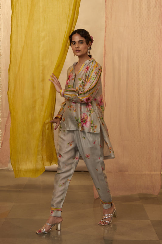 Grey Slub Silk Printed Floral Mandarin Collar Top And Pant Set