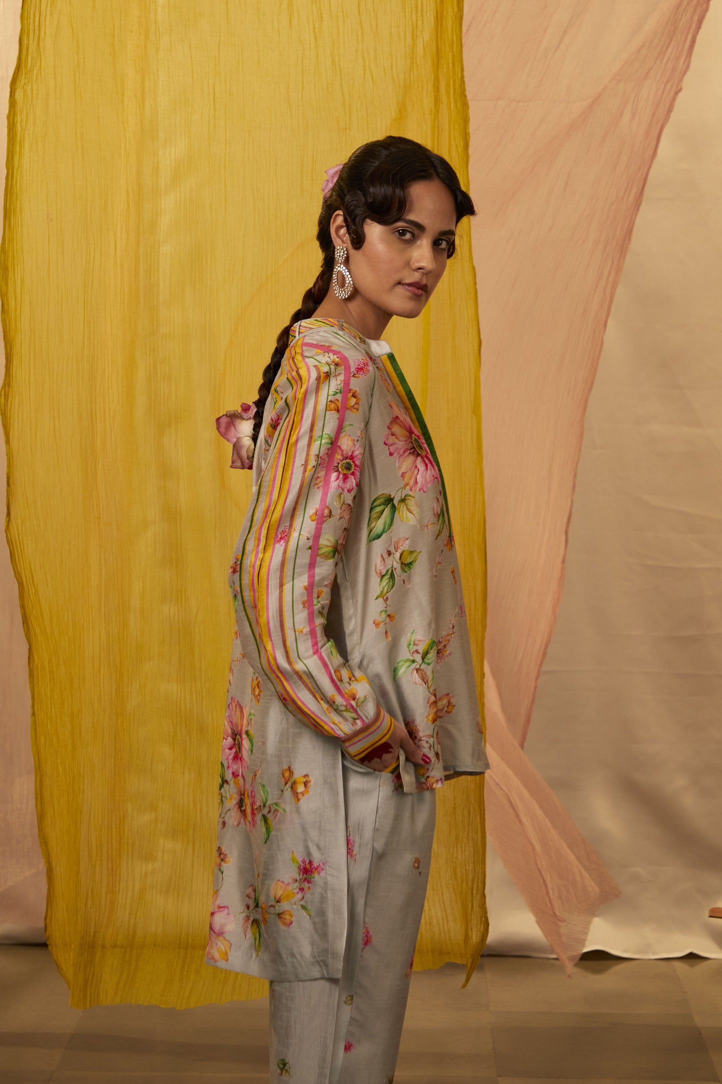 Grey Slub Silk Printed Floral Mandarin Collar Top And Pant Set