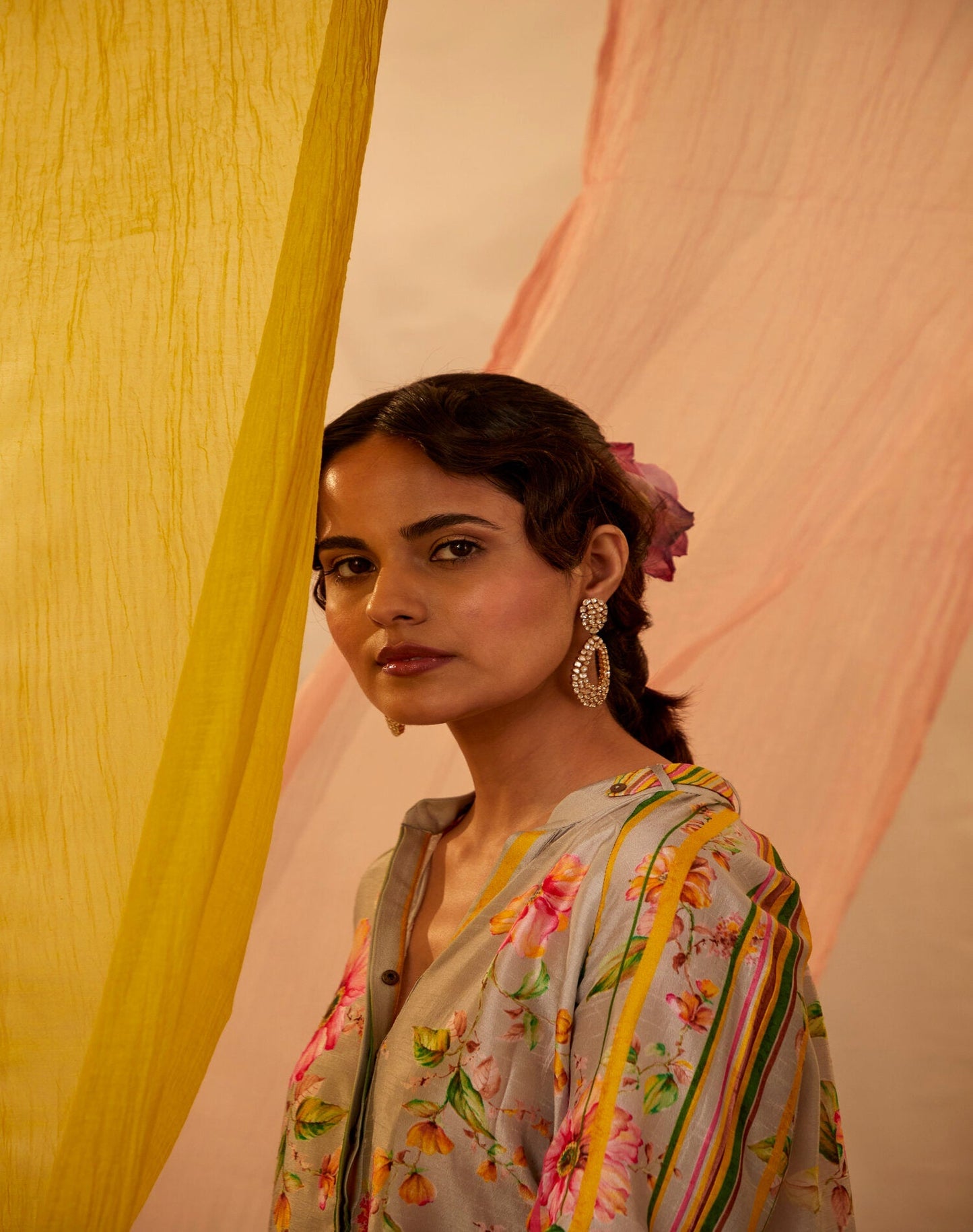 Grey Slub Silk Printed Floral Mandarin Collar Top And Pant Set