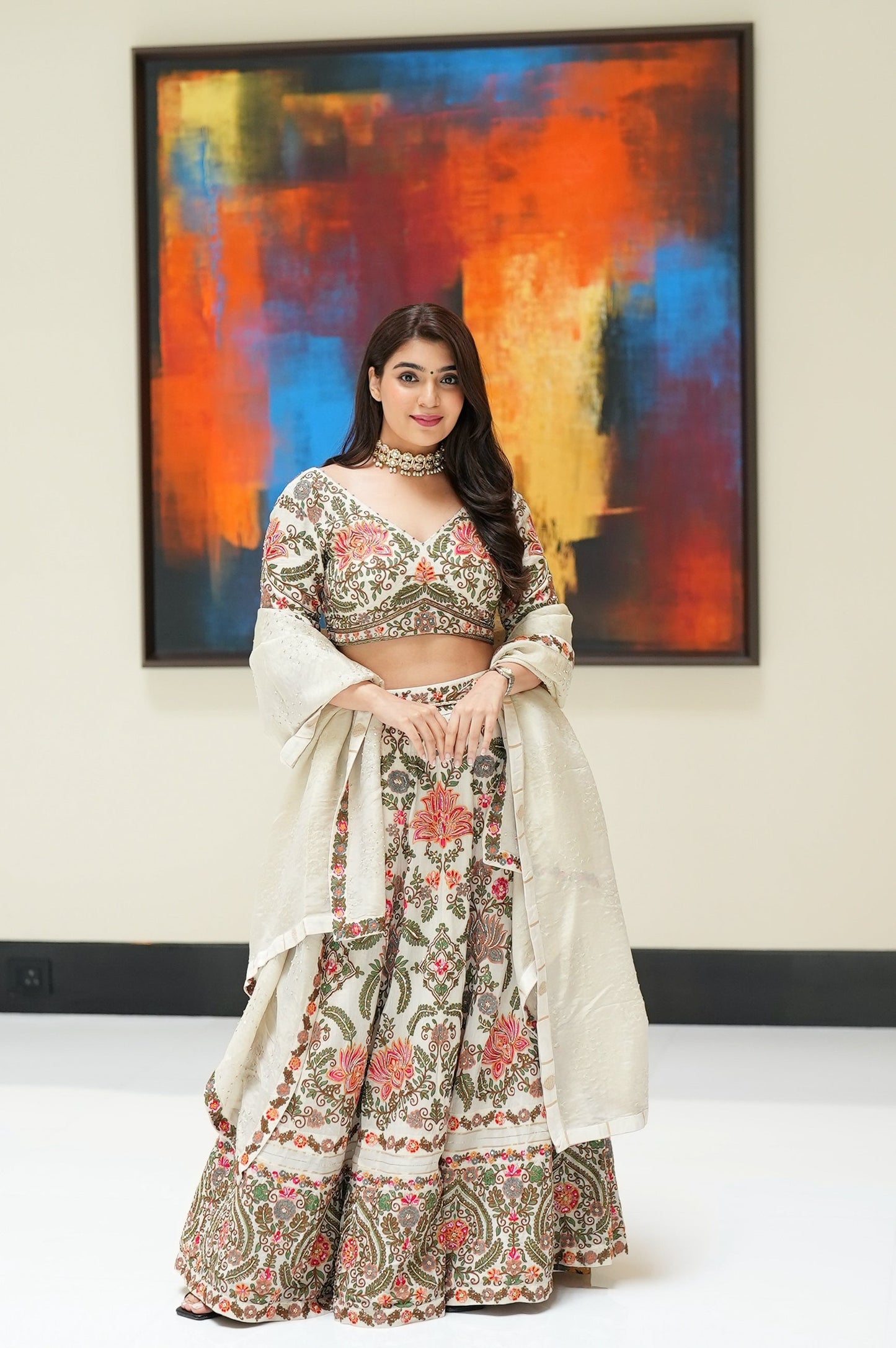 Ivory Slub Silk Embroidered Thread V Neck And Sequin Bridal Lehenga Set