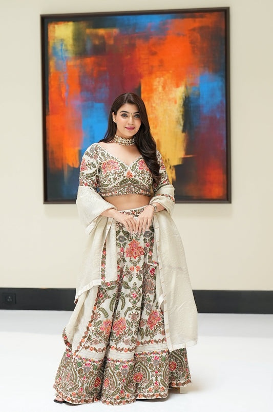 Ivory Slub Silk Embroidered Thread V Neck And Sequin Bridal Lehenga Set