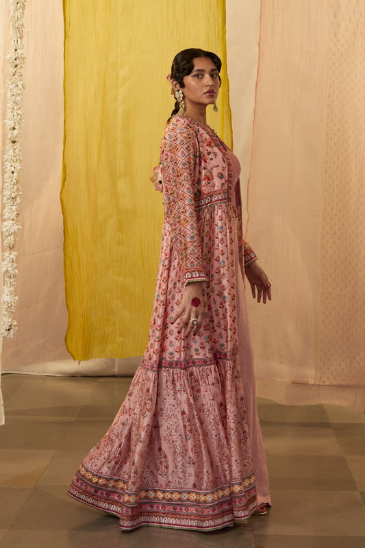 Pink Slub Silk Printed And Embroidered Floral Jacket: Palazzo Set