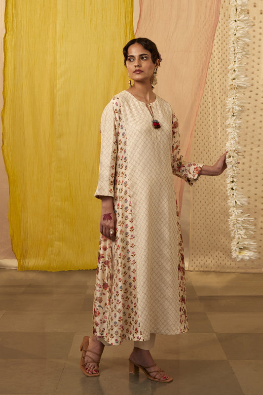 Ivory Slub Silk Printed And Pintucked Panelled Kurta & Pant Set