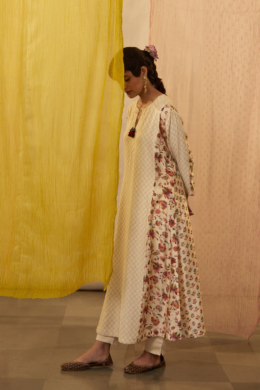 Ivory Slub Silk Printed And Pintucked Panelled Kurta & Pant Set