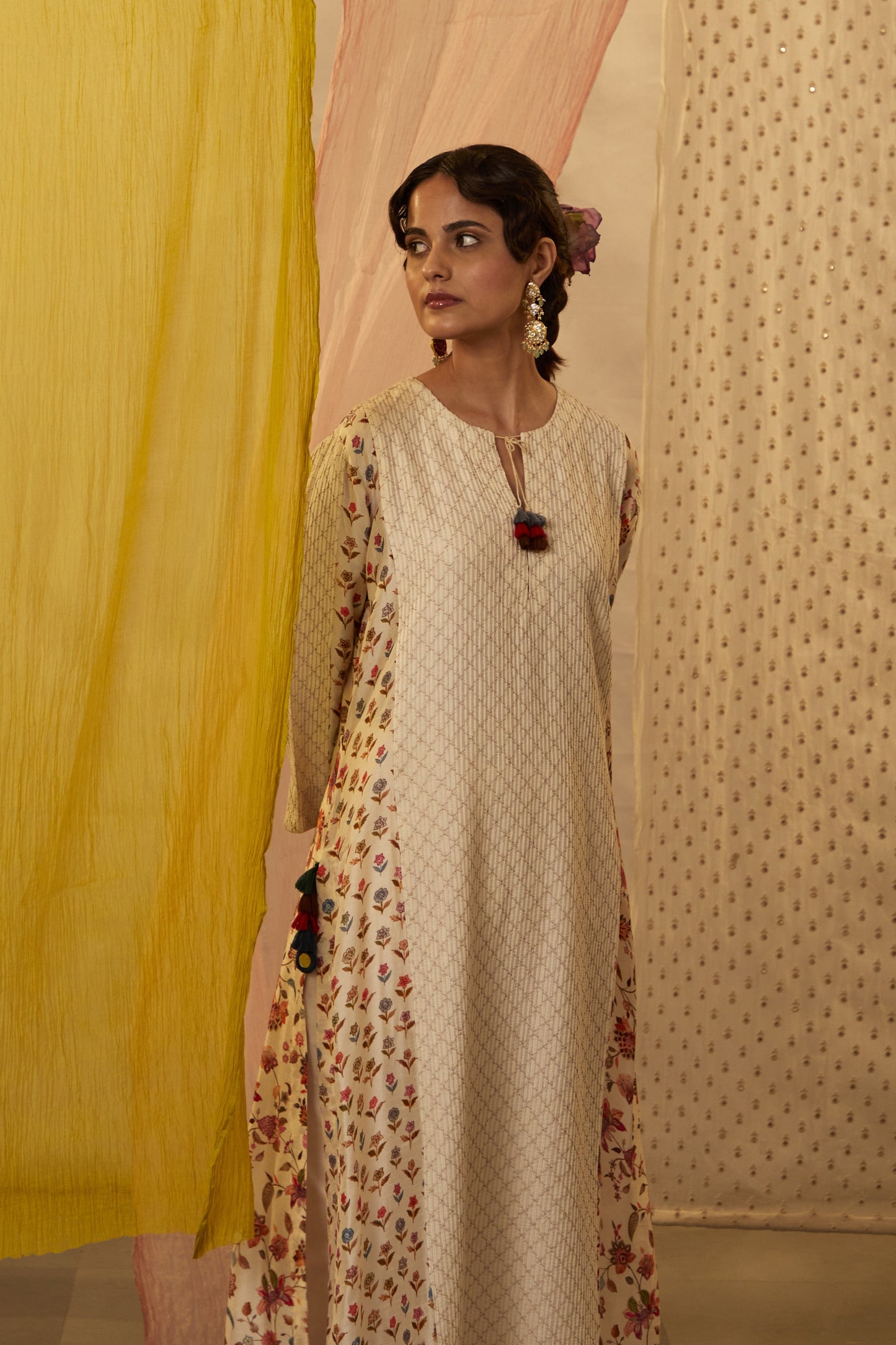Ivory Slub Silk Printed And Pintucked Panelled Kurta & Pant Set