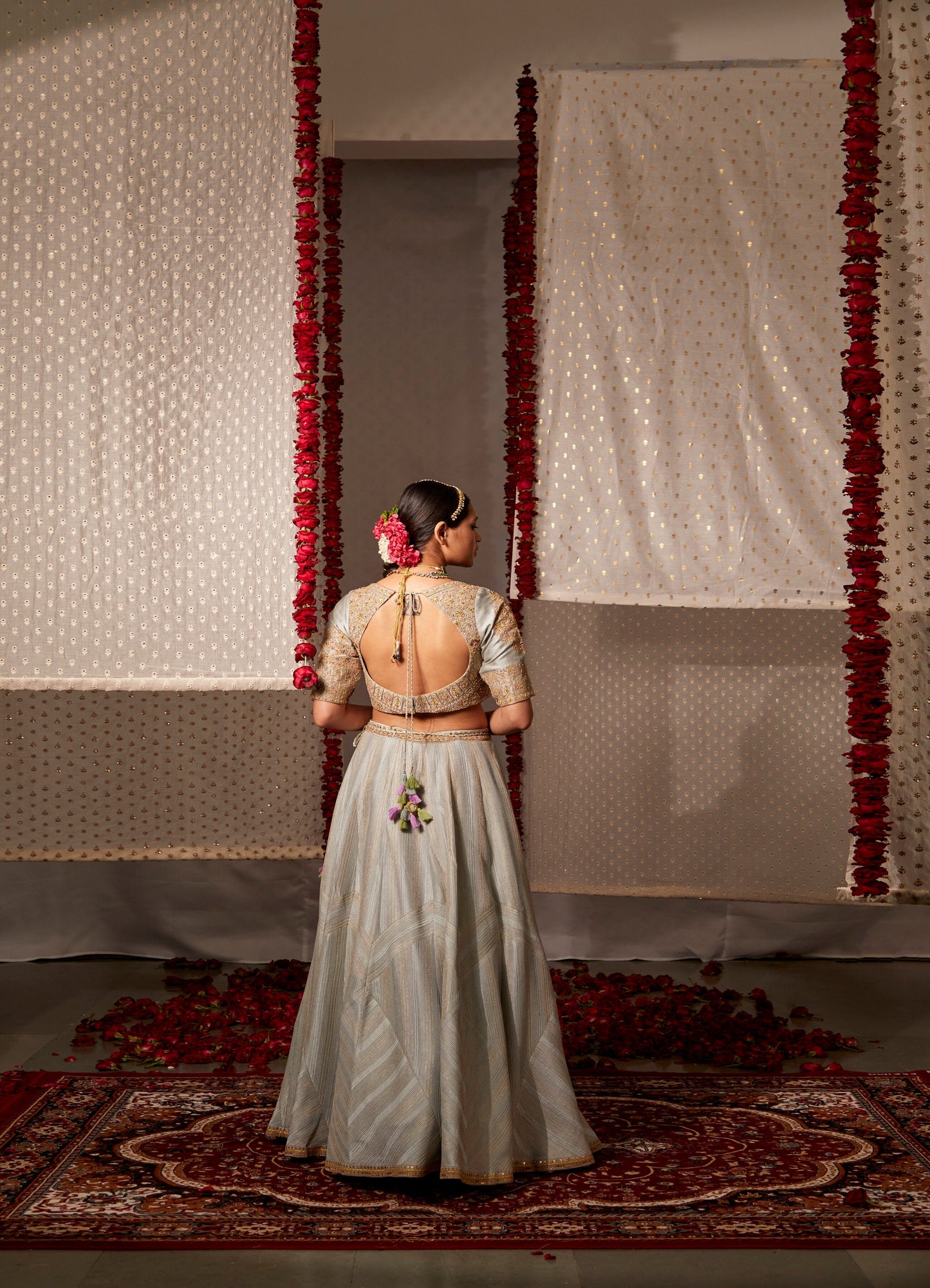 Grey Slub Silk Embroidered Pearl Round Neck Zari Lehenga Set