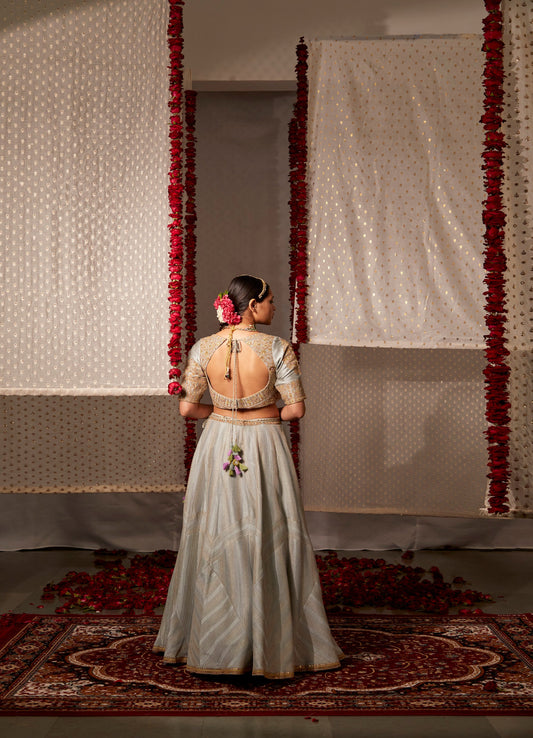 Grey Slub Silk Embroidered Pearl Round Neck Zari Lehenga Set