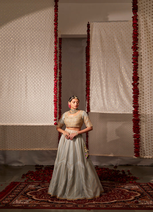 Grey Slub Silk Embroidered Pearl Round Neck Zari Lehenga Set