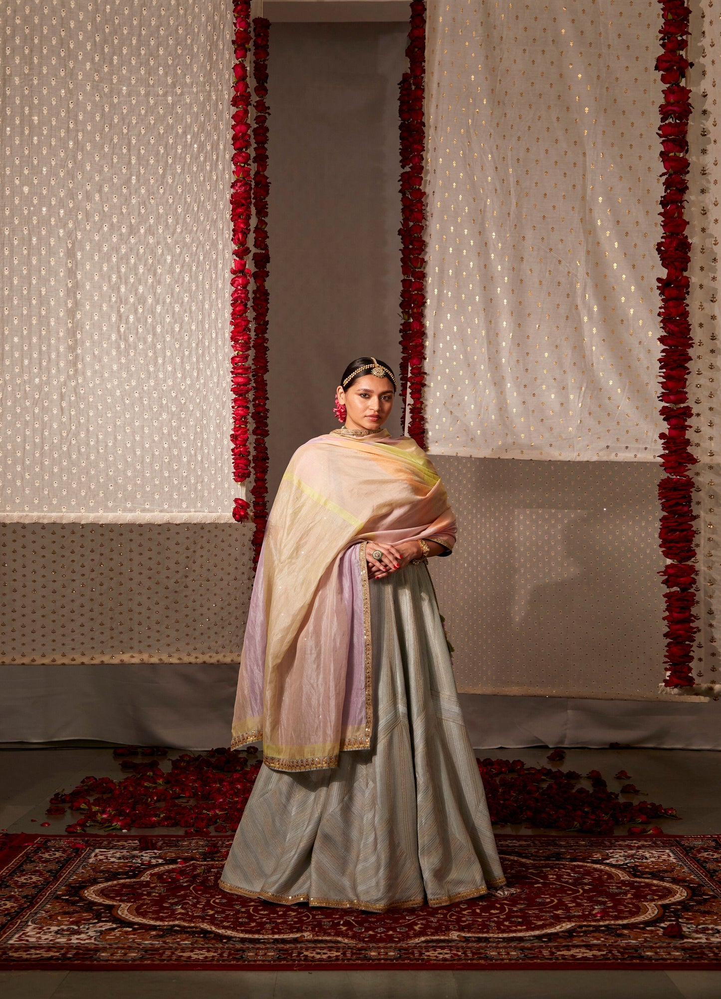 Grey Slub Silk Embroidered Pearl Round Neck Zari Lehenga Set