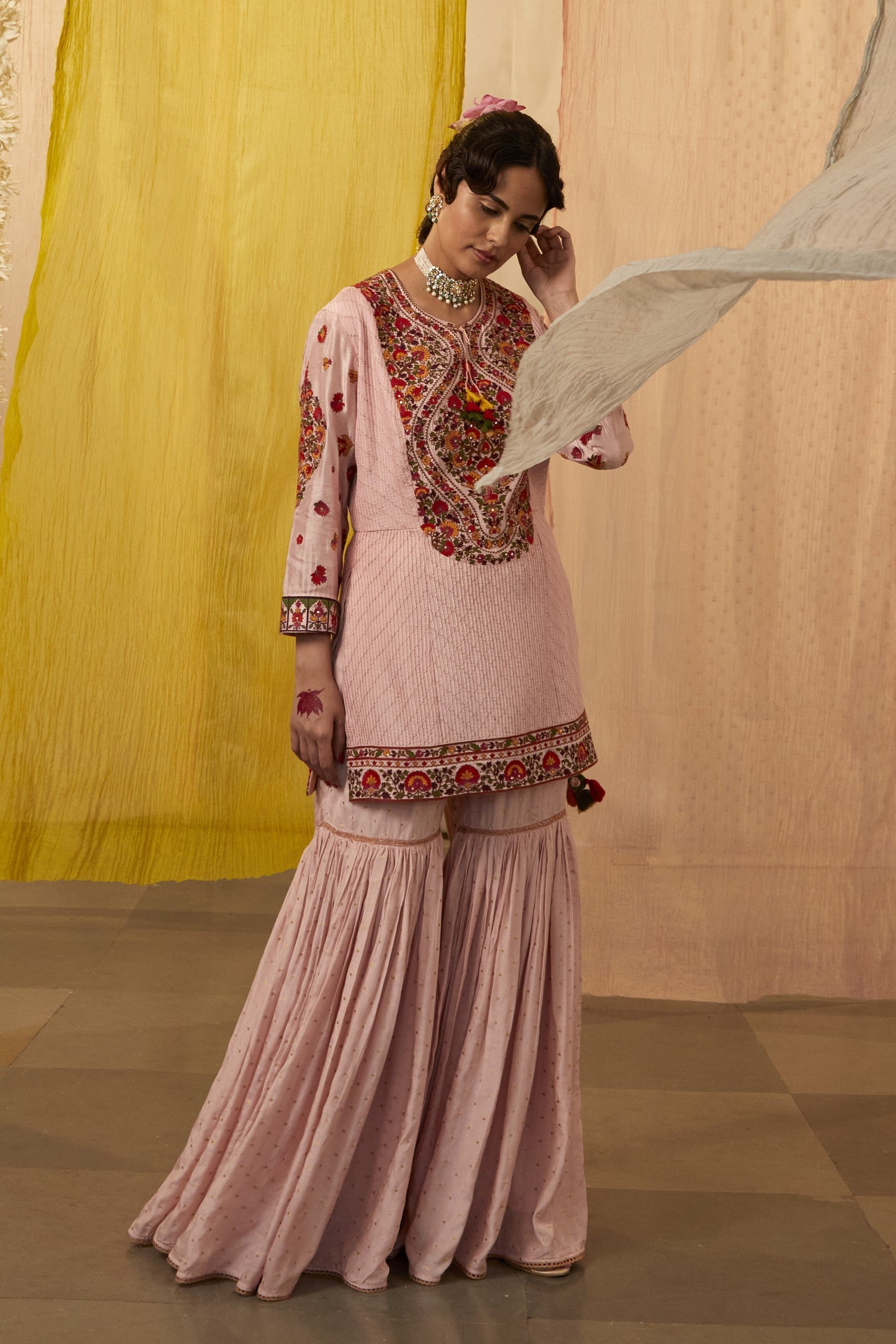 Pink Slub Silk Embroidered Kashmiri Thread Round Kurta Sharara Set