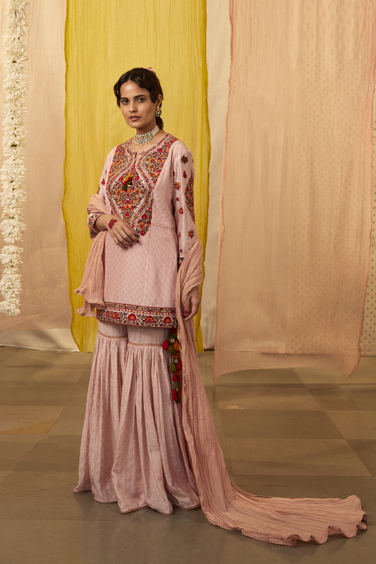 Pink Slub Silk Embroidered Kashmiri Thread Round Kurta Sharara Set