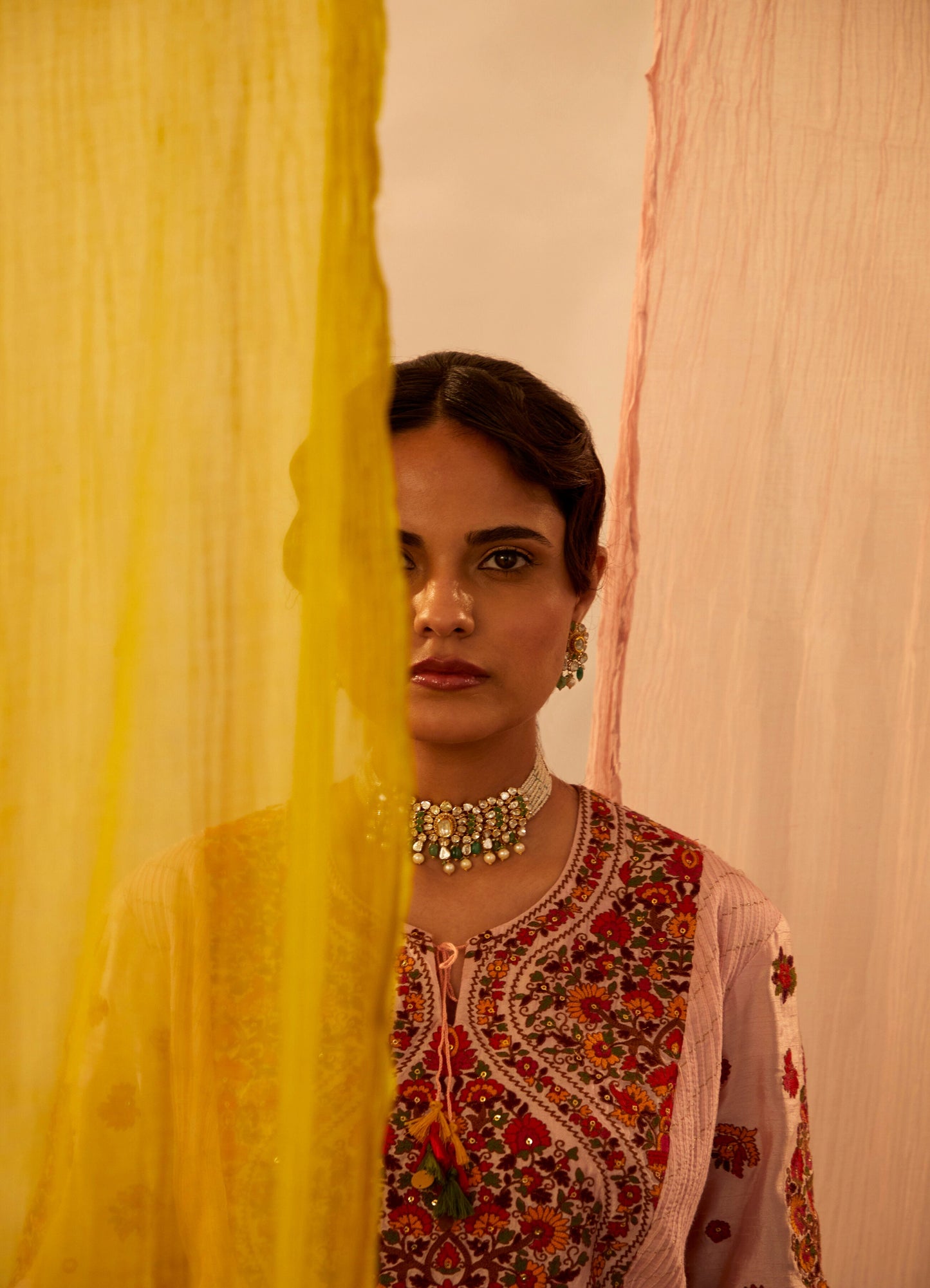 Pink Slub Silk Embroidered Kashmiri Thread Round Kurta Sharara Set