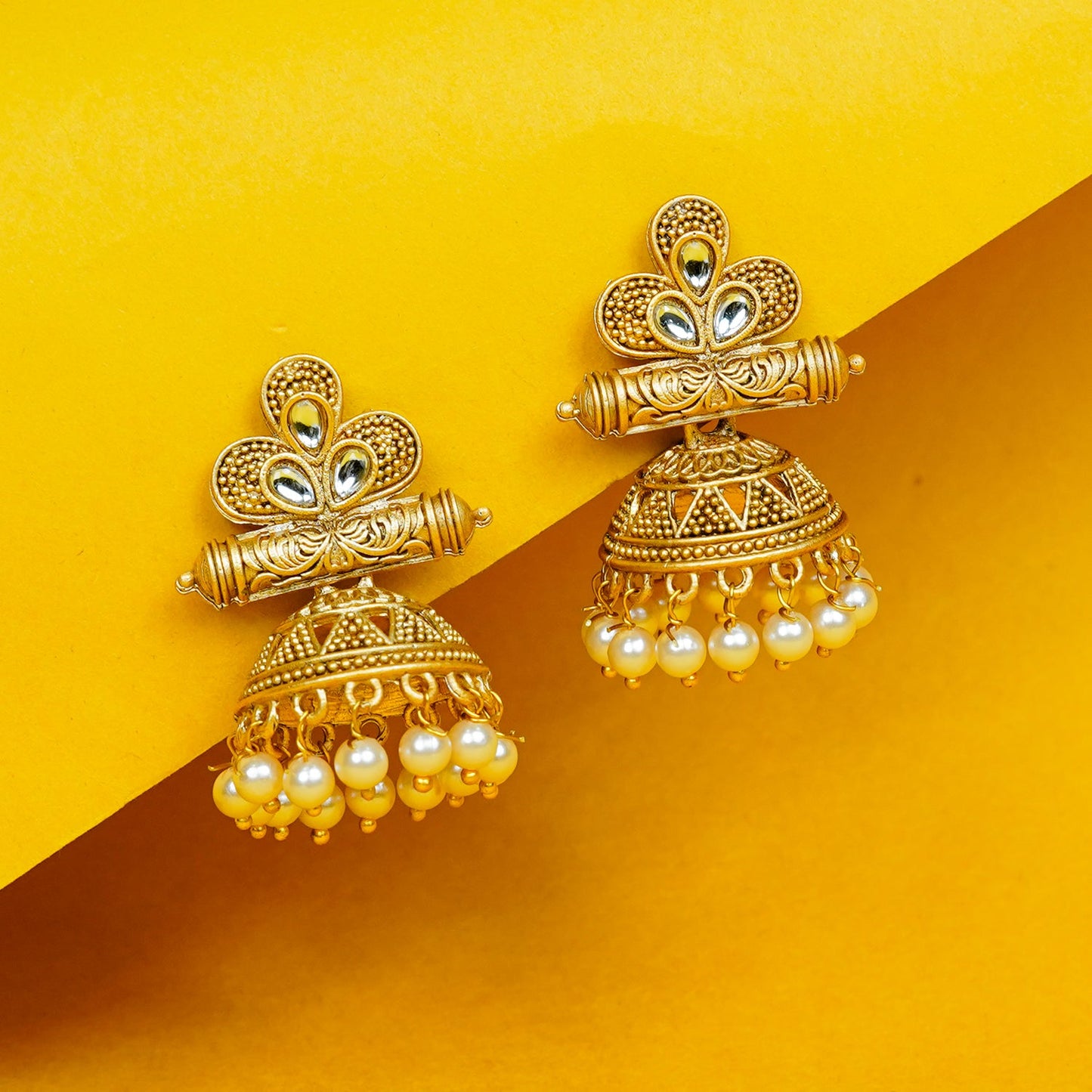 Zevar Club 18K Gold-Plated White Stone Studded Dome Jhumka Earrings with Pearl Danglers