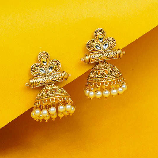 Zevar Club 18K Gold-Plated White Stone Studded Dome Jhumka Earrings with Pearl Danglers