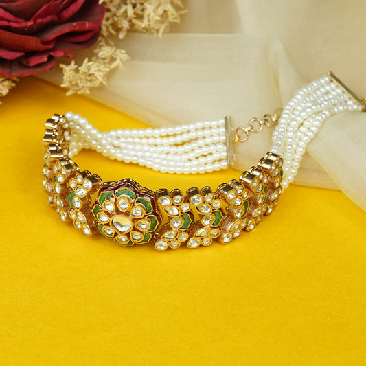 Zevar Club Emerald Green & Ruby Kundan Studded White Pearl Beaded Handcrafted Floral Choker Necklace Set with Earrings for Women & Girls – Premium Traditional Jewellery for Festive and Wedding Styling