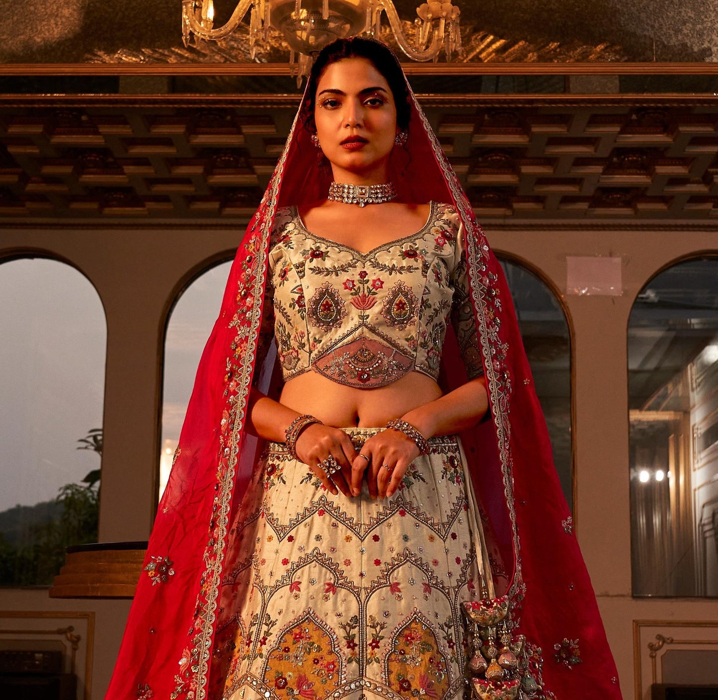 White Zardozi Work Raw Silk Bridal Lehenga