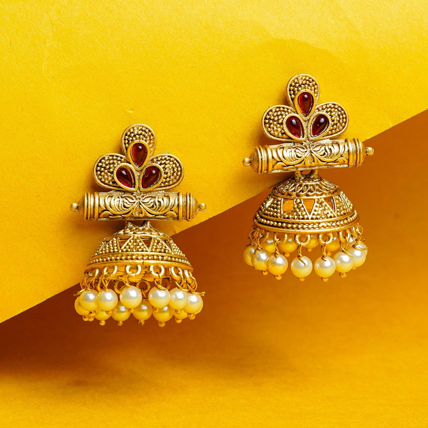 Zevar Club 18K Gold-Plated White Stone Studded Dome Jhumka Earrings with Pearl Danglers
