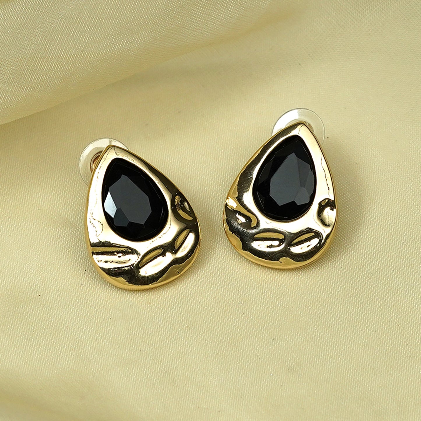 Zevar Club Matte Gold Tone Stainless Steel Tarnish Free Waterproof Tear Drop-Shaped Black Stone Stud Earrings for Women