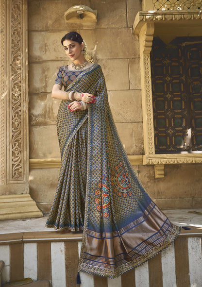 Blue Gajji Silk Hand Work Saree