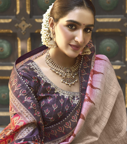 Beige & Purple Bhagalpuri Silk Gota Work Saree