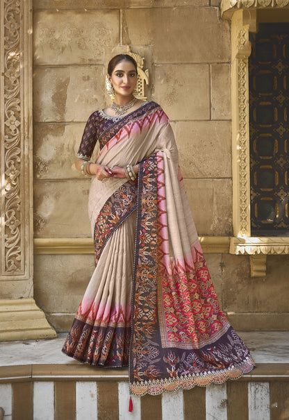 Beige & Purple Bhagalpuri Silk Gota Work Saree