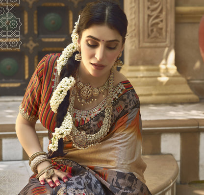 Cream Bhagalpuri Silk Gota Work Saree